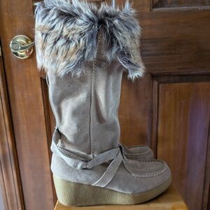 Report Taupe Faux-Fur Trim Over-the-Knee Wedge Boots